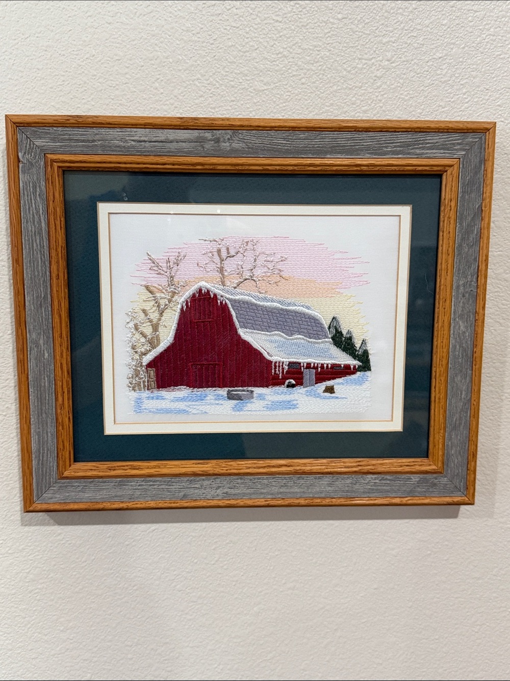 Vtg Needlepoint Embroidered Red Barn Winter Crewel Barn wood Frame Wall Hanging